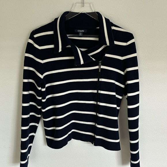 Chaps Navy White Striped Blazer Jacket Front Zip Up Size Medium - Picture 2 of 10